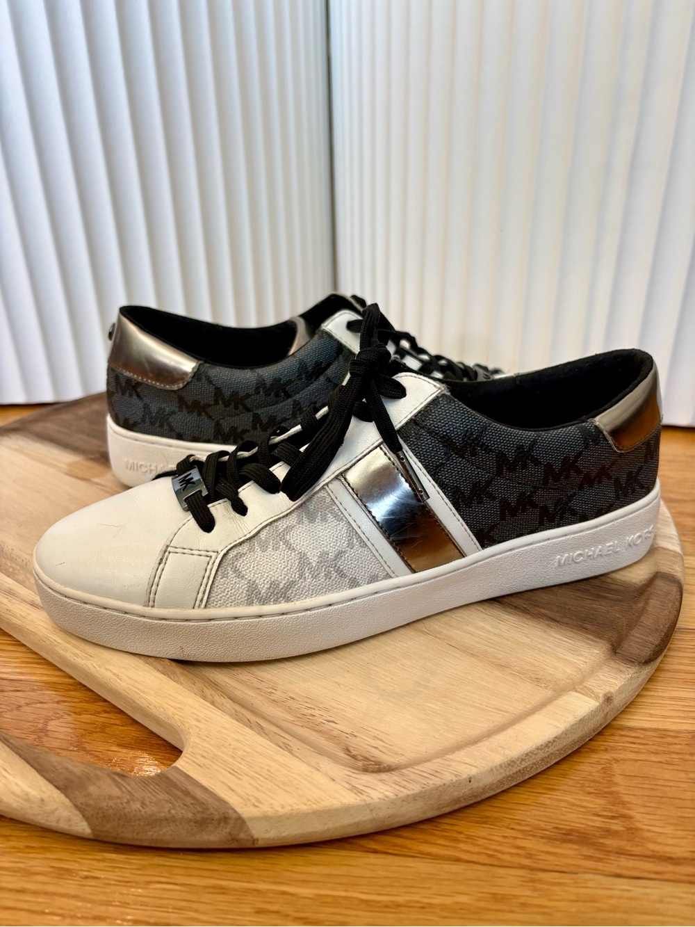 Michael Kors White, Black and Silver MK Monogram Low-Top Sneakers